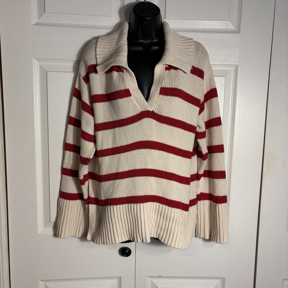 LOFT Outlet Chunky Knit Sweater Women L Cream Red Striped Collared Polo Pullover